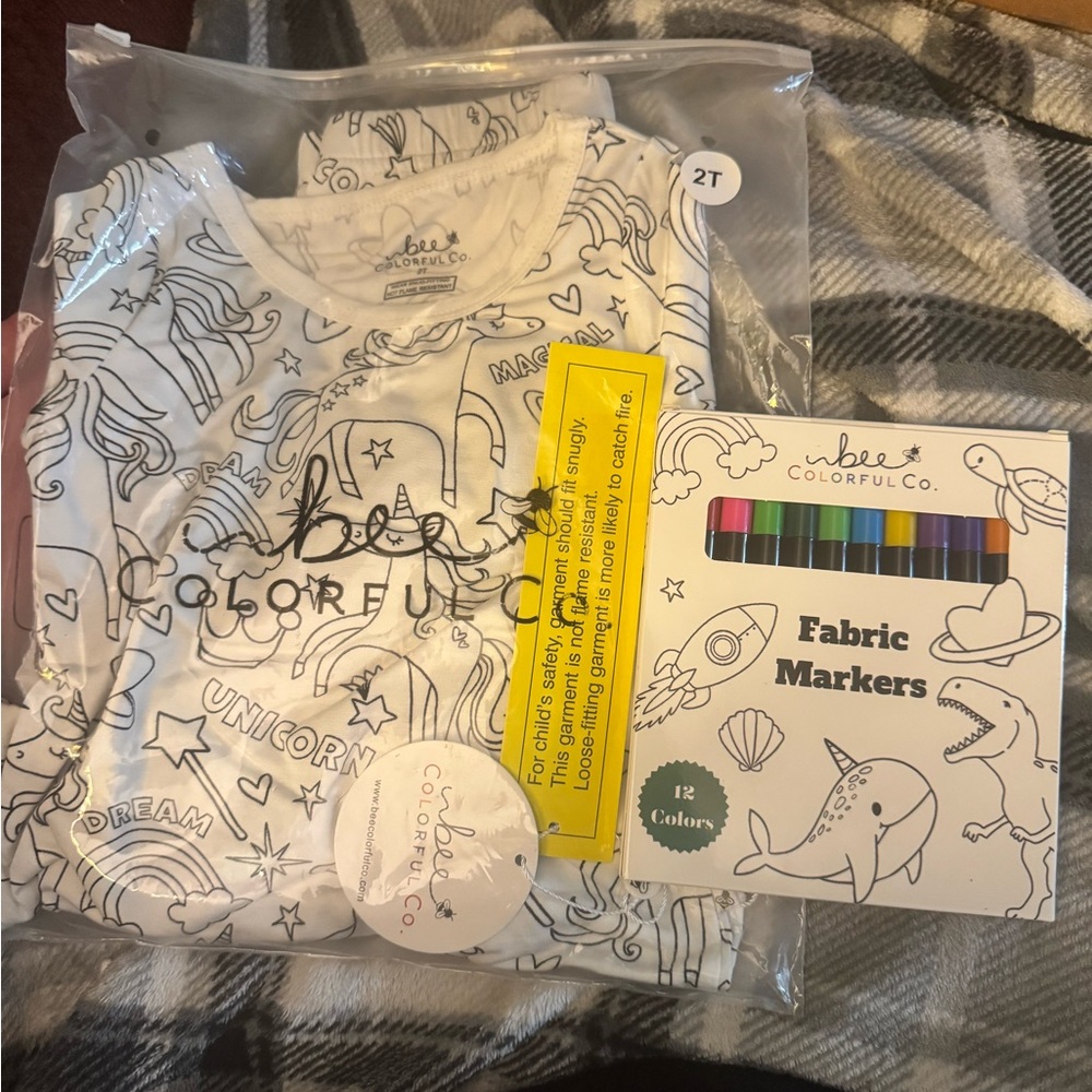 Bee Colorful Co. Bamboo Kids Unicorn coloring pajamas with Fabric Markers
